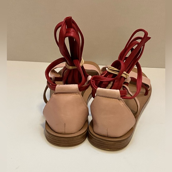 Anthropologie Liendo Pink Red Leather Sandals Strappy Flat Ankle Tie shoes - Picture 5 of 11